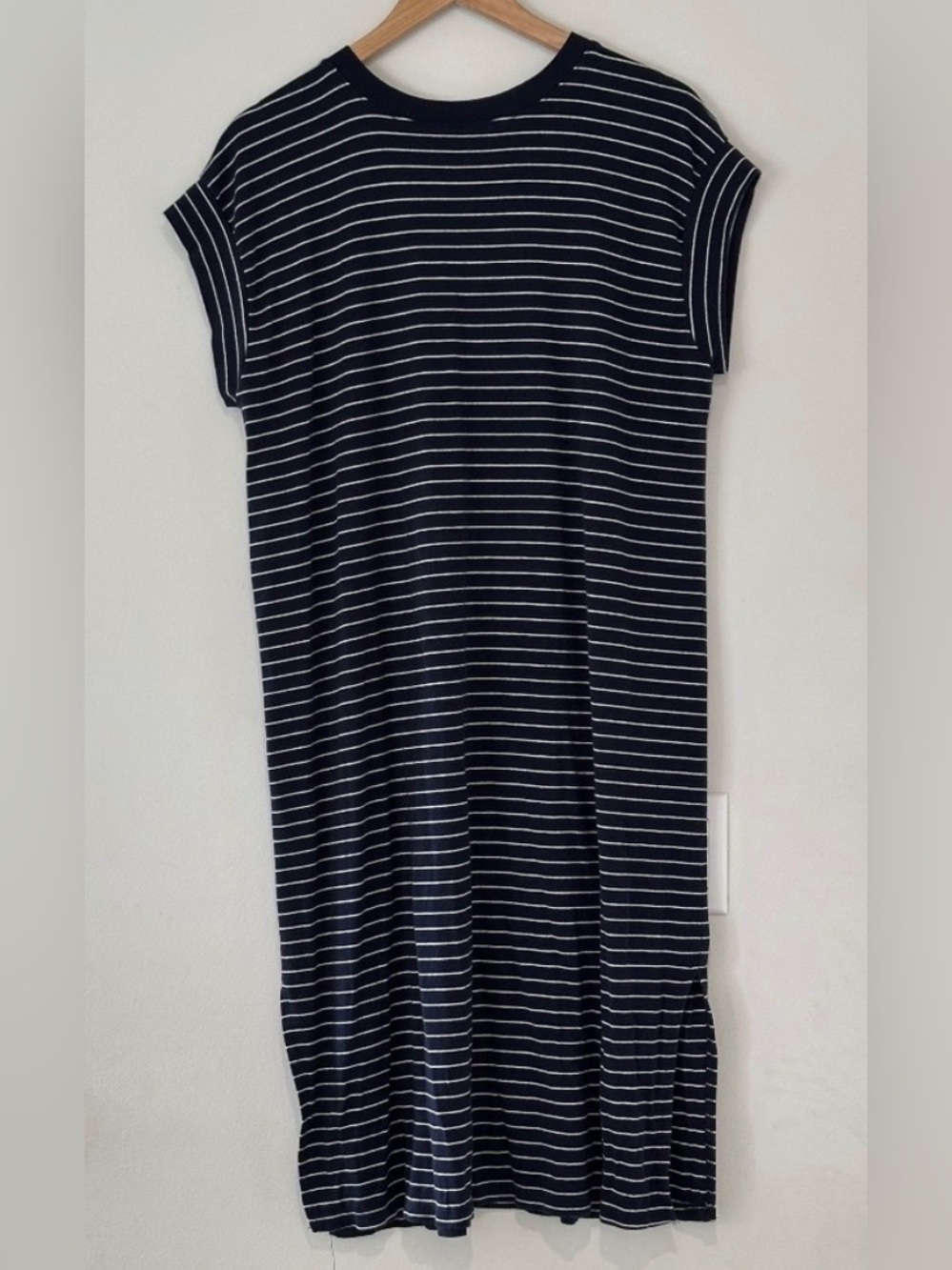 Women’s Midi Length Dress Navy With White Stripes Medium Short Sleeves